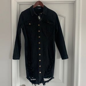 NWT Distressed bodycon black denim button dress. Sizes XL and L available.